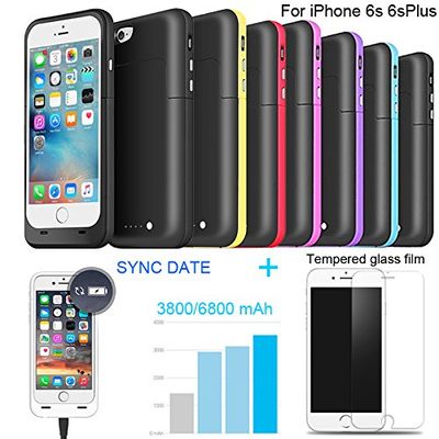 iPhone 6 Charging Case with Tempered Glass Screen Protector and USB Cable (Black)
