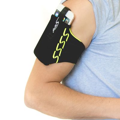Sprigs Phone Armband for Running, Stretch Sleeve Arm Holder for iPhone 17, Samsung Galaxy S26 & Google Pixel 11, Fits Smartphones with Case for Jogging & Walking - Black/HiViz, Medium