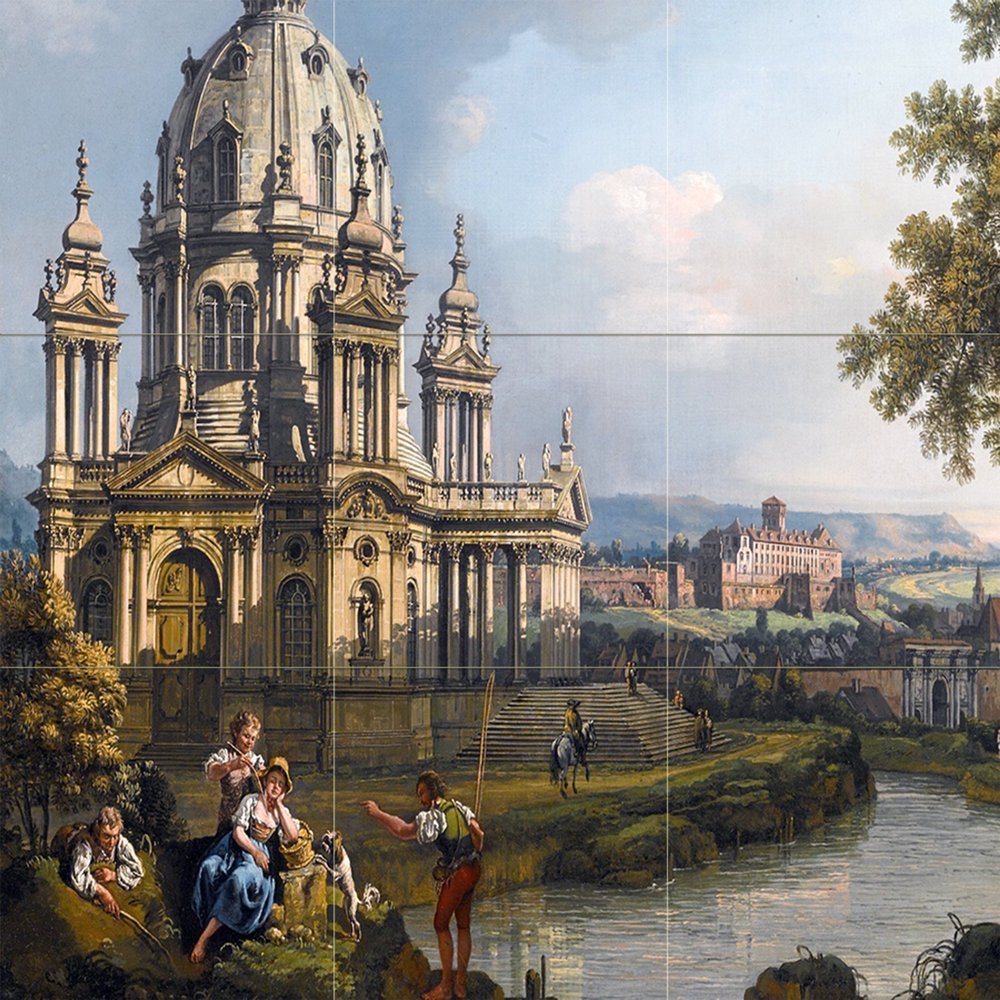 River Landscape with A Church by Bernardo Bellotto People Water Tree Animal Tile Mural Kitchen Bathroom Wall Backsplash Behind Stove Range Sink Splashback 3x3 4.25" Ceramic, Matte