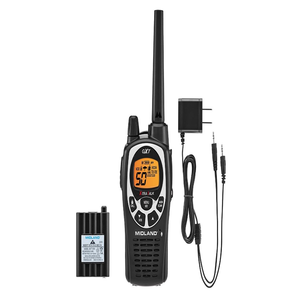 Midland GXT1000AZ GMRS Two-Way Radio (50-Channel, Long Range, 142 Privacy Codes, SOS, NOAA, Rechargeable Nickle Battery, Black/Silver, Single Pack)