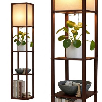 Brightech Maxwell - Modern Shelf Floor Lamp with Lamp Shade & Warm White LED Bulb, Corner Display Floor Lamp with Shelves for Living Room, Bedroom, Nightstand Office, Home Decor Storage - Havana Brown