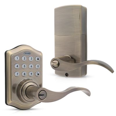 Honeywell Safes & Door Locks - Keyless Entry Lever Door Lock Handle with Electronic Keypad - Easy to Install Front Door Lock with Code - 50 User Pin Codes - Antique Brass - 6.5 x 8.8 x 9 in - 8734101