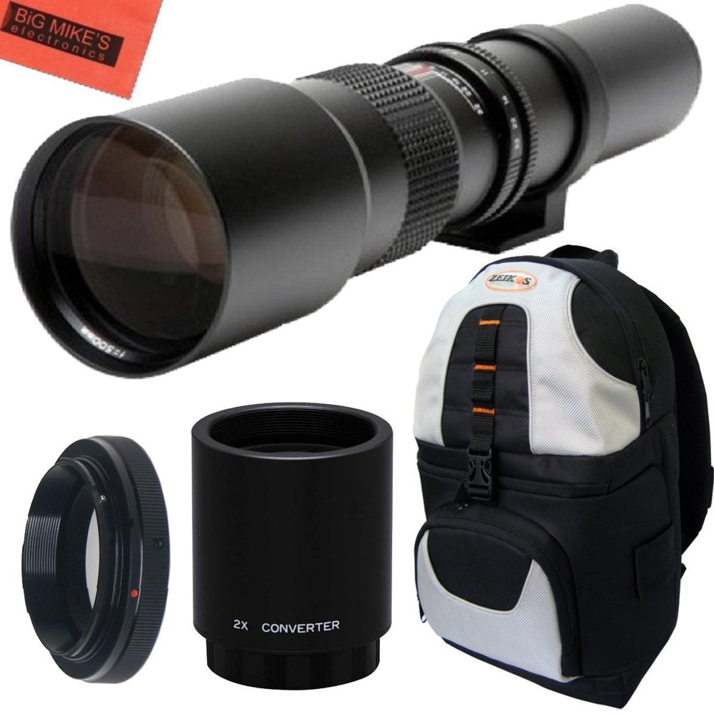 High-Power 500mm/1000mm f/8 Manual Telephoto Lens + Deluxe SLR Backpack for Nikon D300, D500, D600, D610, D700, D750, D800, D810, D850, D3200, D3400, D5300, D5500, D5600, D7000, D7100, D7200, D7500