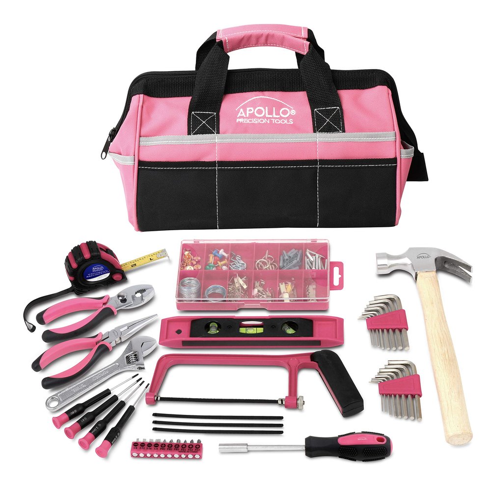Apollo Tools 201 Piece Home Tool Set, Pink Tool Set Includes Hacksaw, Picture Hanging Assortment, and Selection of Most Needed Tools in Sturdy Tool Bag - Pink Ribbon - DT0020P