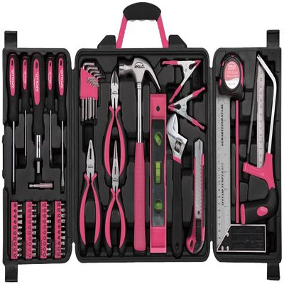 Apollo Tools 71 Piece Complete Household Tool Set with Clamp, Hacksaw, Carpenter Square, Screwdriver and Plier Sets for College, Home Repairs and DIY - Pink Ribbon - Pink - DT0204P