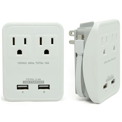 RND Compact Power Station 2.4 Amp Dual USB Ports, 2 AC Outlet Wall Charger (white)