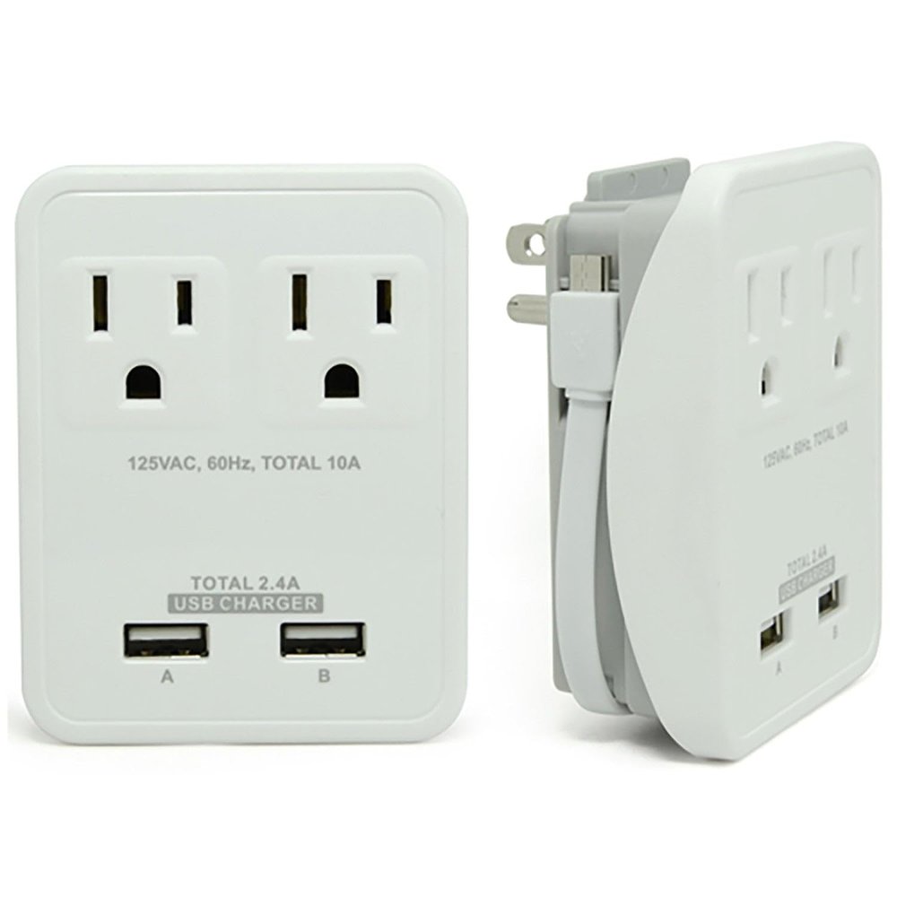 RND Compact Power Station 2.4 Amp Dual USB Ports, 2 AC Outlet Wall Charger (white)