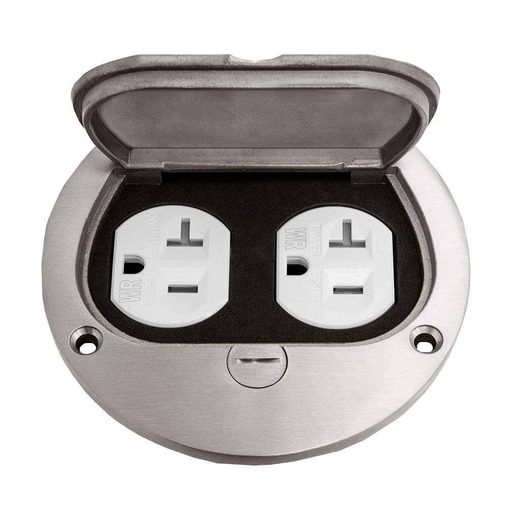 Enerlites 975502-S 4'' Hinged Floor Box Cover Flange, 20A Duplex Tamper-Weather Resistant Receptacle, Nickel Plated Brass