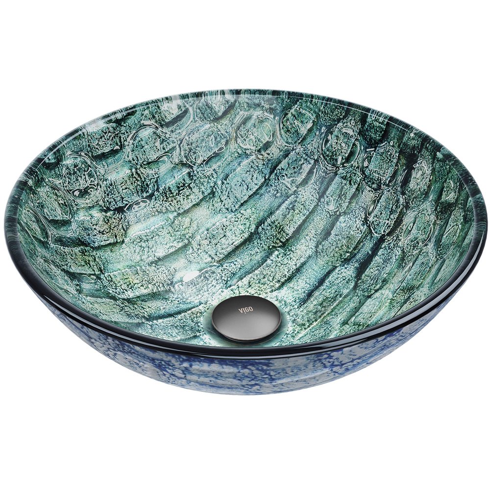 Vigo Vessel Sink Oceania Blue - 17 Artistic Round Bowl Sink for Bathrooms, Tempered Glass Above Counter Bathroom Sink with NonStickShield, QuickDrain & TempGuard, Modern Luxury Design