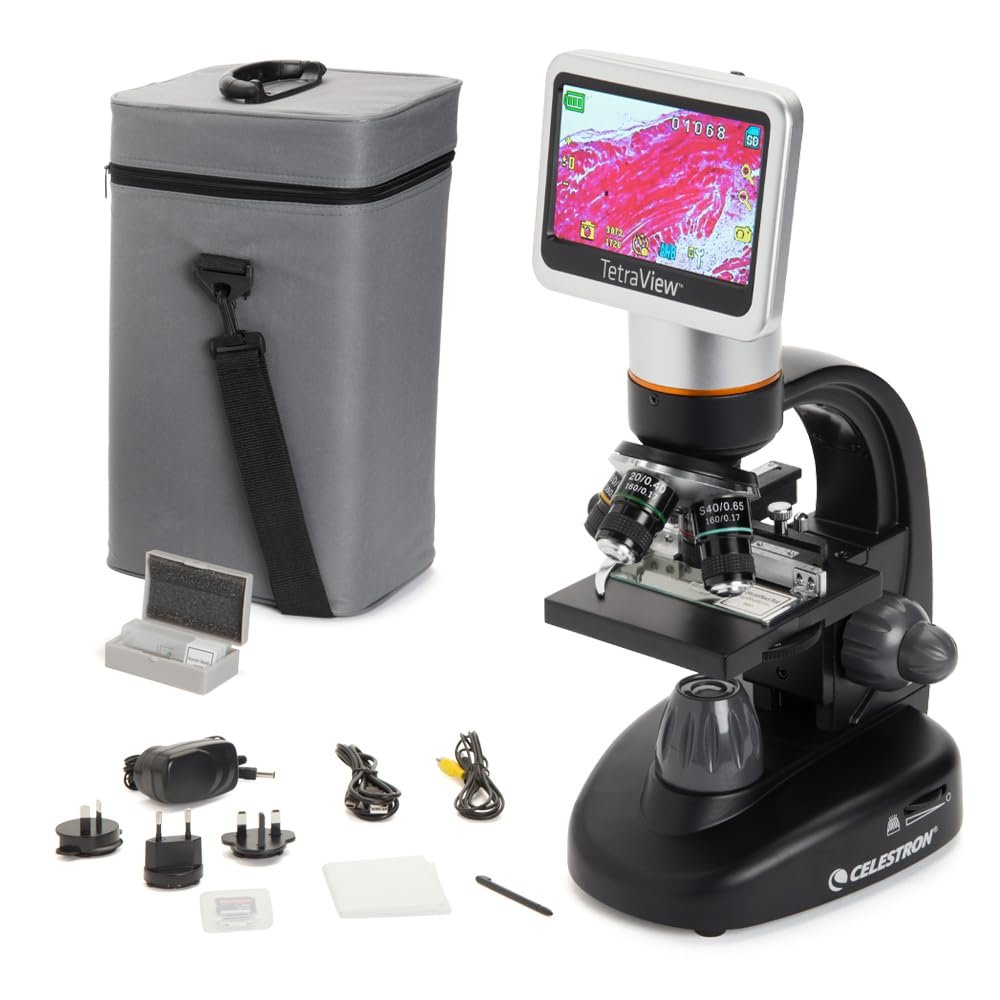 Celestron  TetraView LCD Digital Microscope  4.3" Screen  5MP Camera  40x1600x Magnification  Rotating Head  SD Card Included TV Output  Ideal for Slides, Labs, Classrooms, Biology, Education