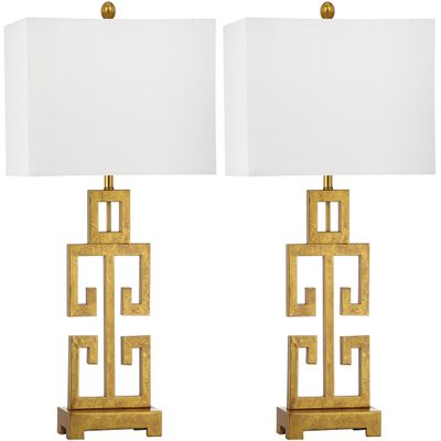 SAFAVIEH Lighting Collection  Greek Key Table Lamp Set of 2  Antique Gold Metal Base with White Fabric Shade, LED Bulbs Included, 29-Inch Bedroom Living Room Desk Lamps (LIT4305A-SET2)