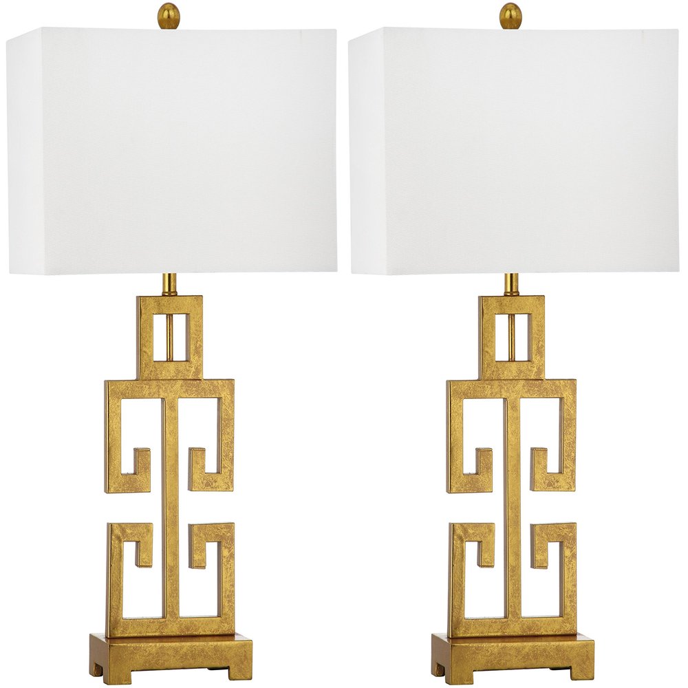 SAFAVIEH Lighting Collection  Greek Key Table Lamp Set of 2  Antique Gold Metal Base with White Fabric Shade, LED Bulbs Included, 29-Inch Bedroom Living Room Desk Lamps (LIT4305A-SET2)