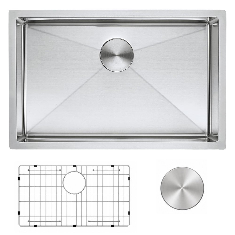 Zuhn Modena 30-Inch Undermount Kitchen Sink, Single Bowl 16 Gauge T304 18/10 Stainless Steel, Brushed Finish, Sound Guard, 30 x 18 x 10 in
