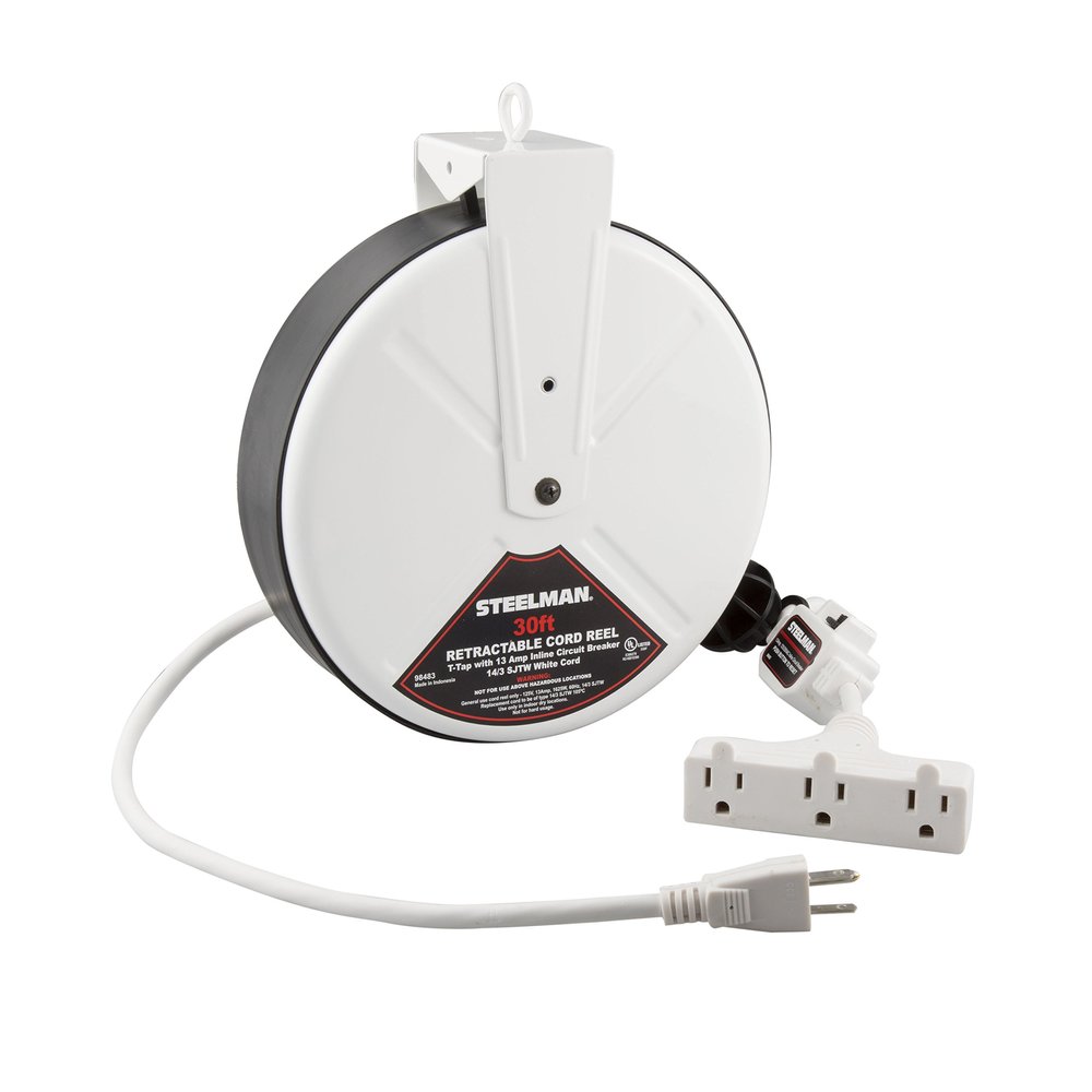 Steelman White 30-Foot Cord 13 Amp Tri-Tap Reel, 16-gauge Sheet Metal Reel Housing, 120V, 60Hz Inline Circuit Breaker, Housing Hooks into Garage or Auto Shop Ceiling