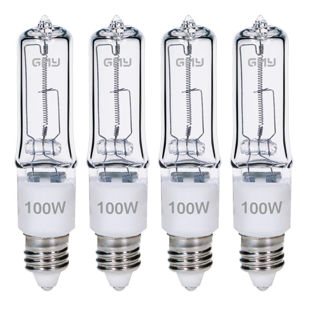GMY JDE11 120V 100W T4 JDE11 Bulb, Mini Candelabra Base E11 Bulb, 1600lm 2800K Clear Dimmable 100 watt Halogen Light Bulbs for Ceiling fan light bulbs Replace E11 Led Bulb - 4Pack