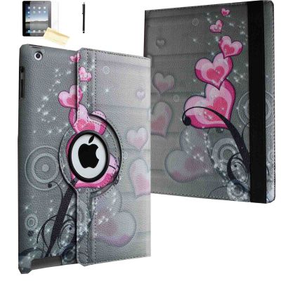 Case for iPad Air 2 -JYtrend 360 Degrees Rotating Stand Leather Magnetic Smart Cover with Wake Sleep Feature for iPad Air 2(2014 Model) with Screen Protector, Stylus,Cleaning Cloth, Pink Heart Flower