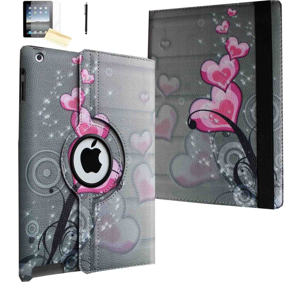 Case for iPad Air 2 -JYtrend 360 Degrees Rotating Stand Leather Magnetic Smart Cover with Wake Sleep Feature for iPad Air 2(2014 Model) with Screen Protector, Stylus,Cleaning Cloth, Pink Heart Flower