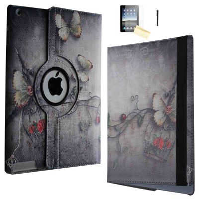 Case for iPad Air 2 - JYtrend 360 Degrees Rotating Stand Leather Magnetic Smart Cover with Wake Sleep Feature for iPad Air 2 with Bonus Screen Protector, Stylus and Cleaning Cloth, Butterfly Flower
