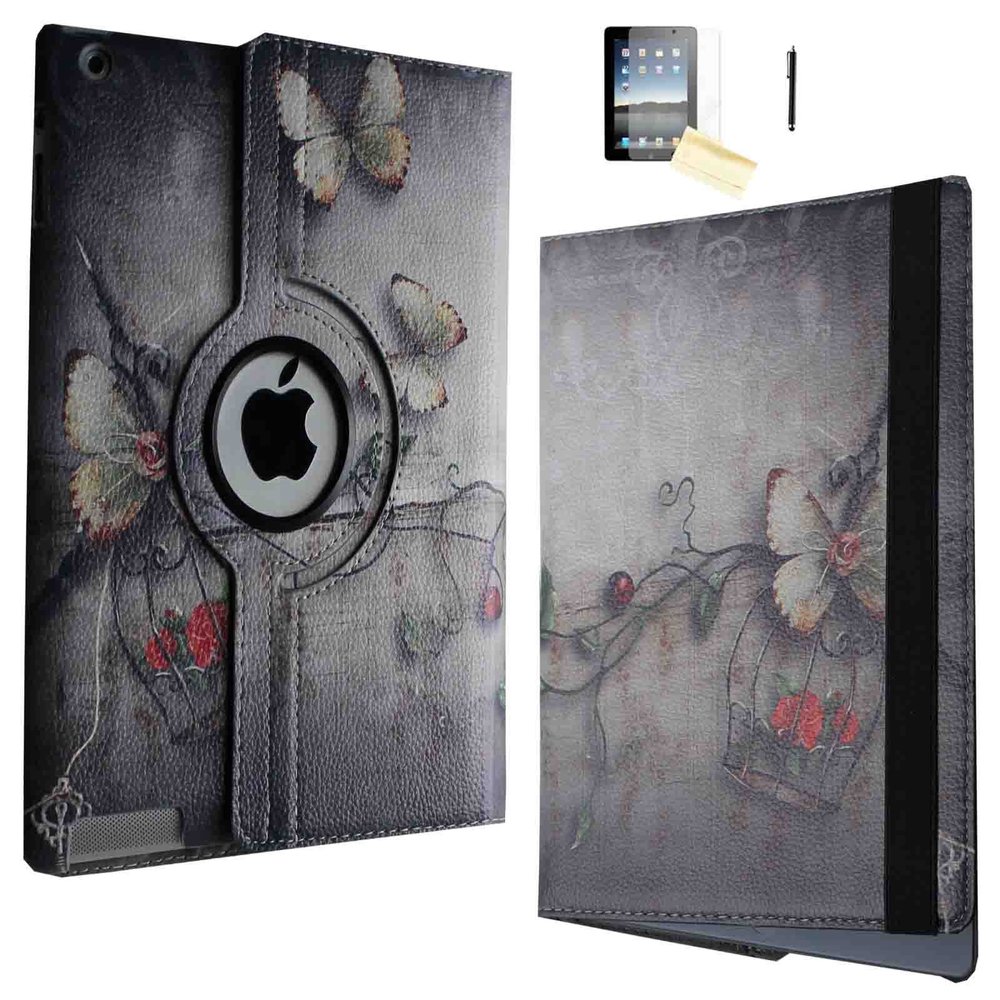 Case for iPad Air 2 - JYtrend 360 Degrees Rotating Stand Leather Magnetic Smart Cover with Wake Sleep Feature for iPad Air 2 with Bonus Screen Protector, Stylus and Cleaning Cloth, Butterfly Flower