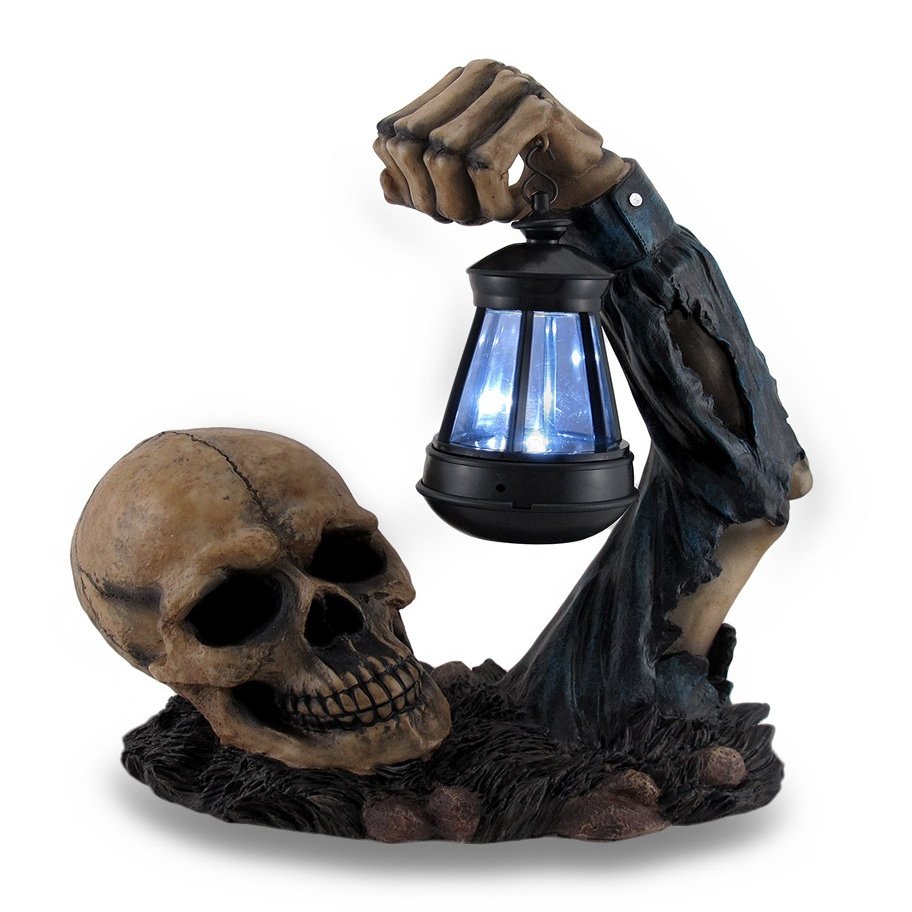 Resin Outdoor Figurine Lights Hh39829 Sinister Skull Holding Led Solar Lantern Outdoor Decoration 10.5 X 12.5 X 6 Inches Black