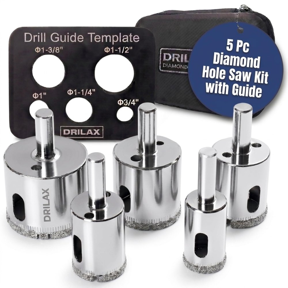 Drilax 5-Pc Diamond Hole Saw Set 3/4 to 1-1/2 Inch with Guide & Case