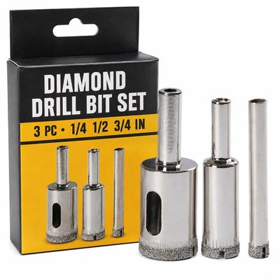 Drilax Diamond Drill Bit Set (3 Pc: 1/4", 1/2", 3/4") for Ceramic, Porcelain Tile & Glass | Diamond Hole Saw for Granite, Bottle Drilling & Pot Drain Holes Fits Standard Drills