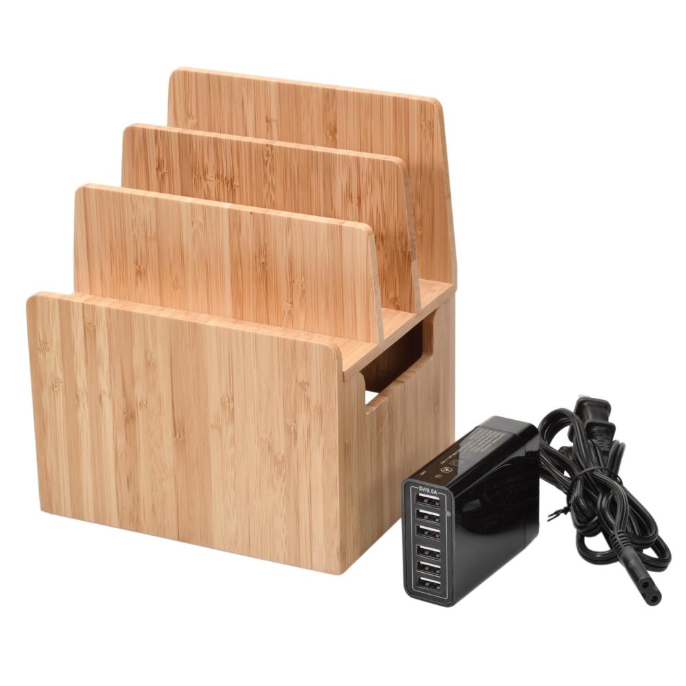 Bamboo Universal Multi Device Cord Organizer Stand and Charging Station for Smartphones, Tablets, and Laptops Includes 6-USB Port Hub Charger with Power Supply