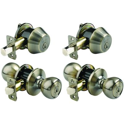 Brinks 2106-109 Ball Style Keyed Alike Entry Knob and Deadbolt (Pack of 2 with 2 Knobs, 2 Deadbolts), Antique Brass