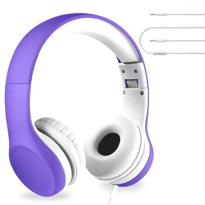 LilGadgets Connect+ Foldable Headphones, Adjustable Fit Soft Touch Padding for Kids with Mic, Volume-Limited & Noise Reduction On-Ear Wired Headset for School with SharePort - Purple, Ages 3-14