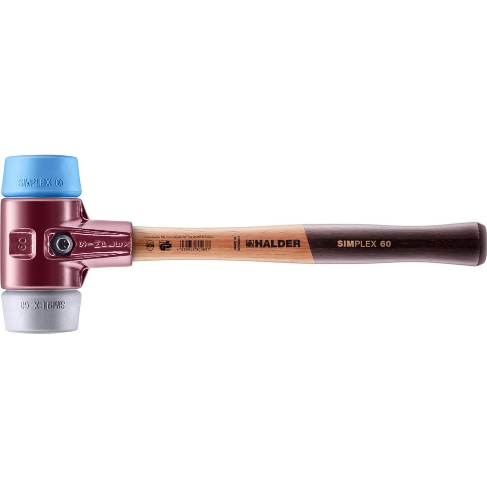 Halder Simplex Mallet 60mm Dual Faces, TPE-Soft & TPE-Mid Inserts, Cast Iron Housing with Protection Sleeve, Hickory Handle, Stone, Masonry & Assembly 3013.060