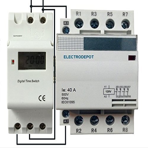 7 Day 24 Hours Timer with a N/O 4 Pole, 40 Amps, Contact Rated 400V, Control Coil 120VAC, in DIN Rail