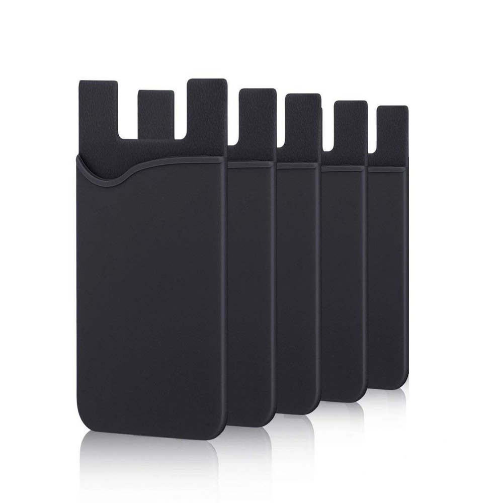 Cell Phone Card Holder for Back of Phone Case. Silicone Stick On Pocket Wallet for iPhone, Android & Other Flat Surfaces (Black 5 Pack)