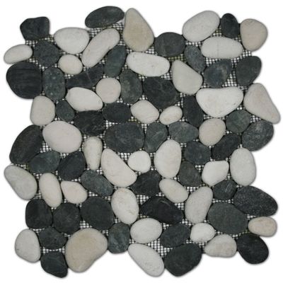 CNK Tile Black and White Pebble Tile - 12" x 12" Polished Natural River Stone Flooring for Bathroom Kitchen Backsplash Shower and Wall Decor - Durable Eco-Friendly Mesh Backing - Pack of 1