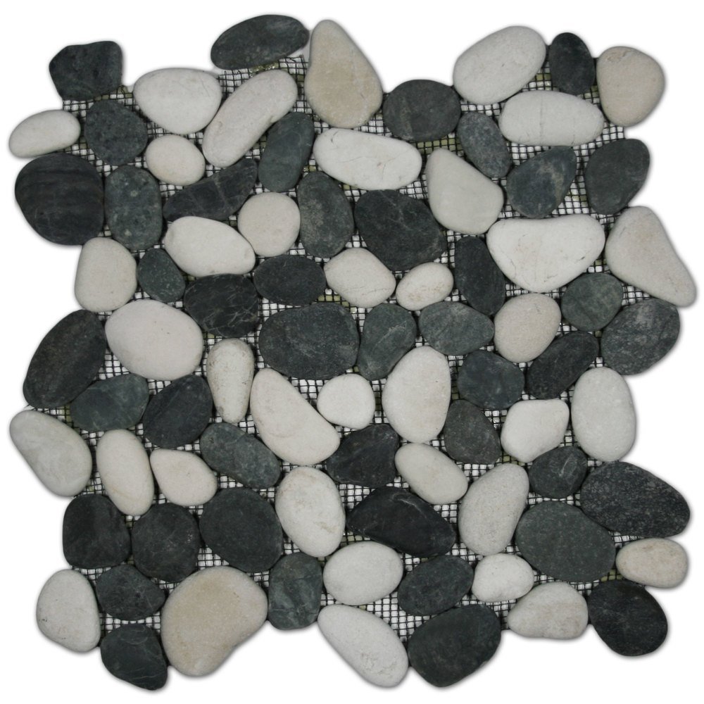 CNK Tile Black and White Pebble Tile - 12" x 12" Polished Natural River Stone Flooring for Bathroom Kitchen Backsplash Shower and Wall Decor - Durable Eco-Friendly Mesh Backing - Pack of 1