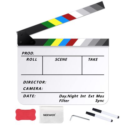 NEEWER Acrylic Film Movie Directors Clapper Board Kit, 12"x10" Plastic Movie Theater Cut Action Scene Clapboard with a Magnetic Eraser, 2 Water Based Pens, a Cleaning Cloth & L Shaped Hex Key (White)