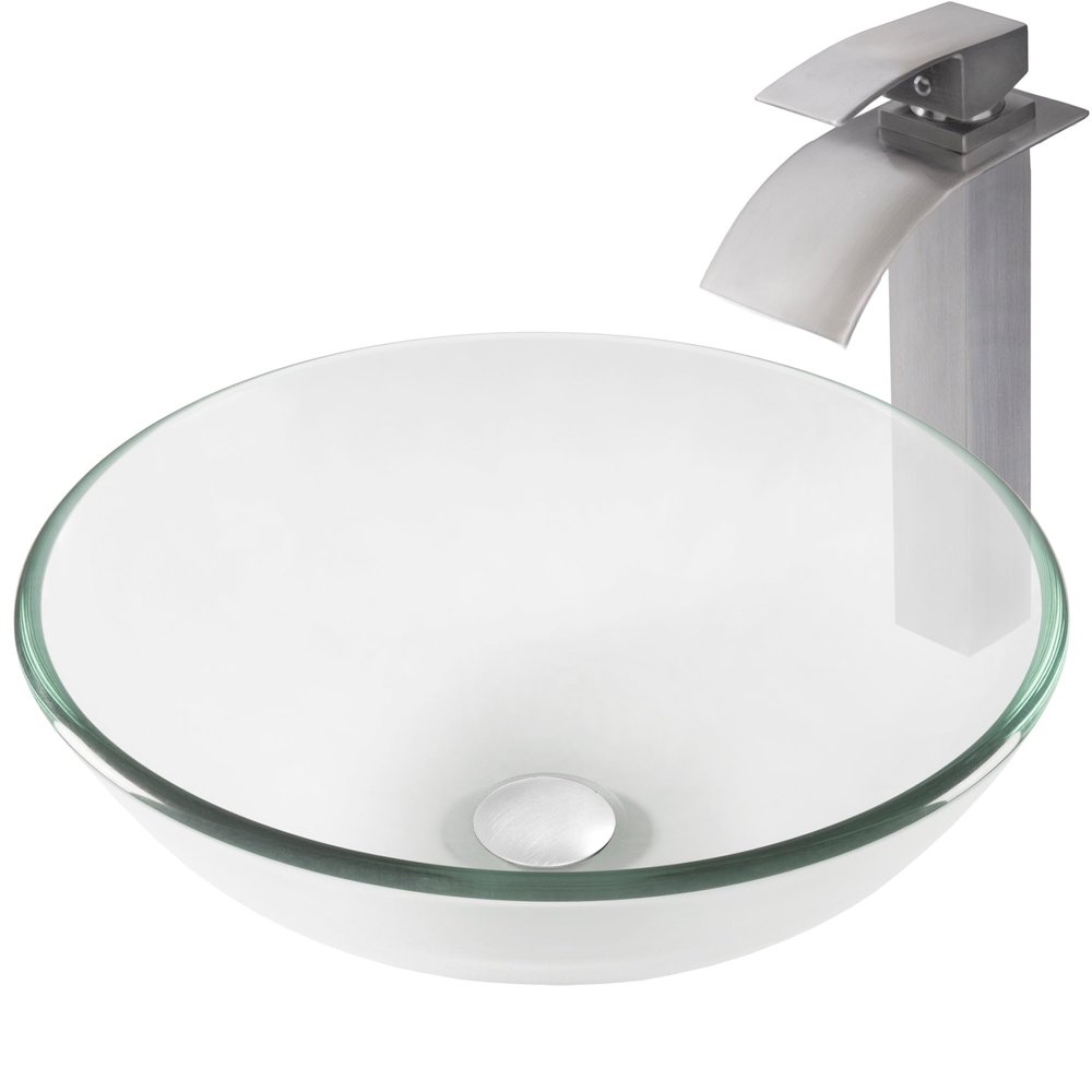 Novatto BONIFICARE Glass Vessel Bathroom Sink Set, Brushed Nickel