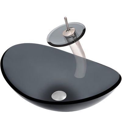 Novatto BIGIO Glass Vessel Bathroom Sink Set, Brushed Nickel/Smoke Glass