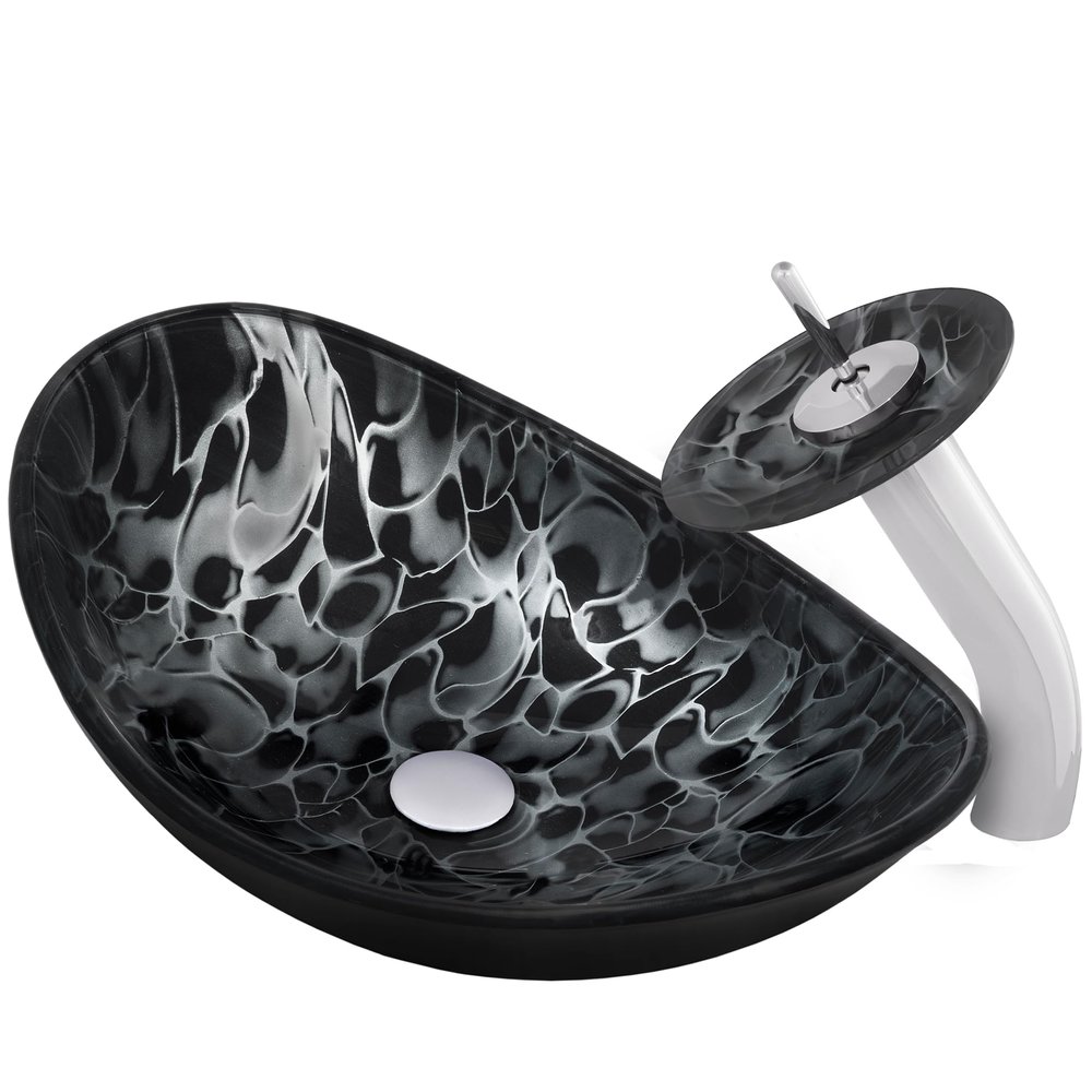 Novatto TARTARUGA Oval Glass Vessel Bathroom Sink, Chrome Faucet and Pop-up Drain, NSFC-0128031001CH