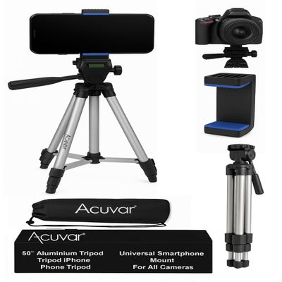 Acuvar 50" Aluminum Tripod for iPhone Camera & Camcorder with Phone Holder, Phone Stand to Fit All Phones, iPhone & All Samsung Galaxy Android & Nikon Canon Sony Olympus Fuji Cameras with Travel Bag