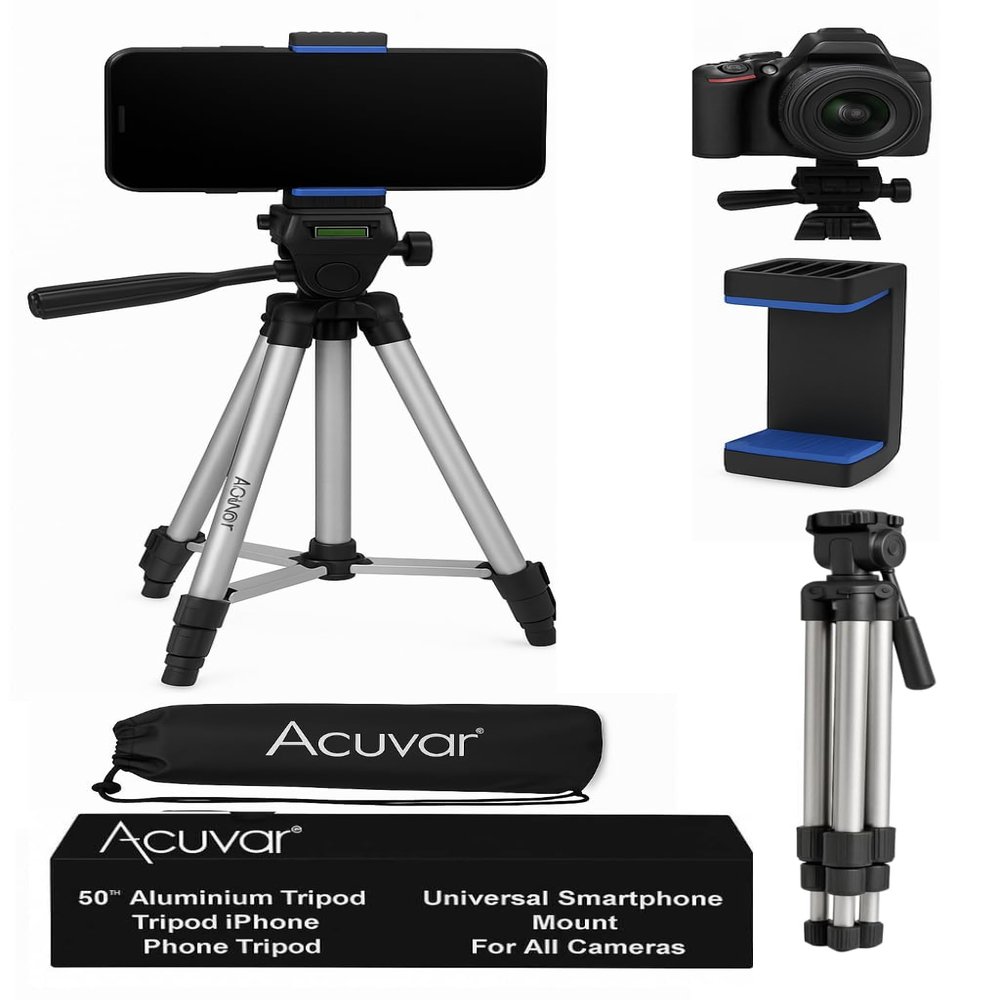 Acuvar 50" Aluminum Tripod for iPhone Camera & Camcorder with Phone Holder, Phone Stand to Fit All Phones, iPhone & All Samsung Galaxy Android & Nikon Canon Sony Olympus Fuji Cameras with Travel Bag