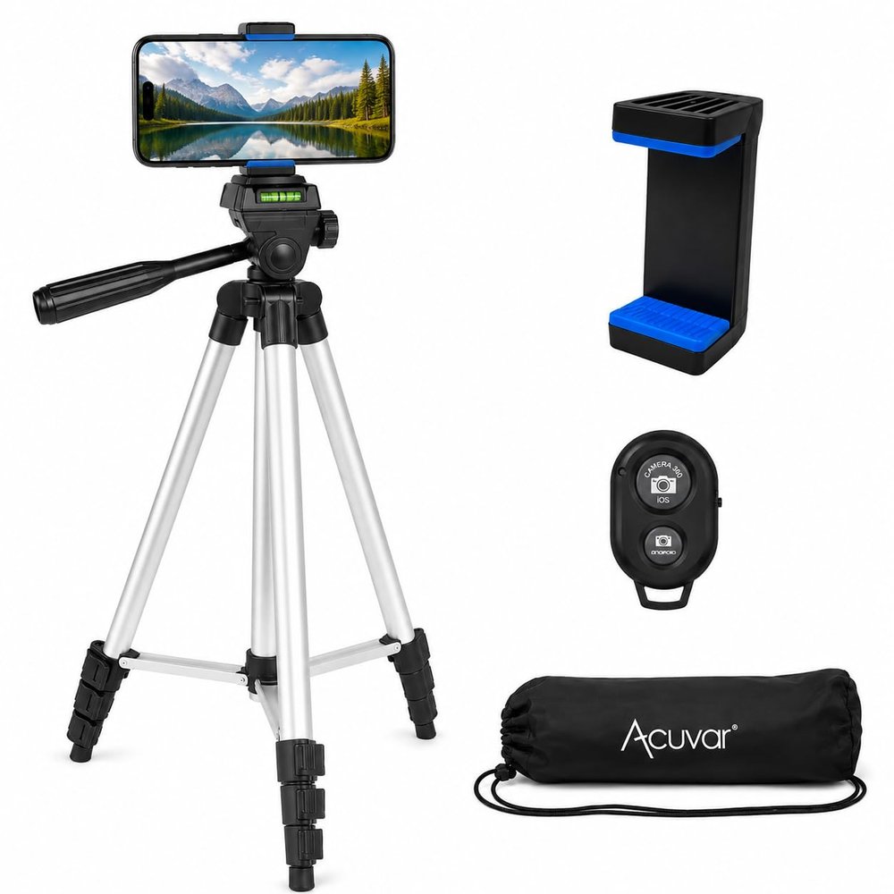 Acuvar 50" Aluminum Tripod for Phones, Cameras & Camcorders with Universal Phone Holder, Remote Shutter & Travel Bag for All Phones, iPhones, Samsung & Tripod for Cameras, Nikon Canon Sony
