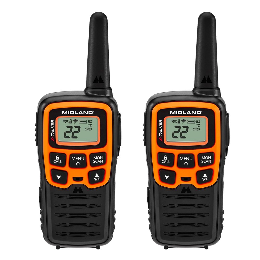 Midland- T51VP3 X-TALKER Spotting and Recovery Walkie-Talkie Long Range - FRS Two Way Radio for kids Caravanning with NOAA Weather Scan + Alert, 38 Privacy Codes - Black/Orange - 2 Pack