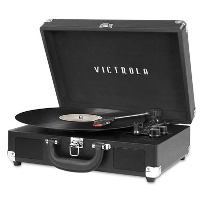 Victrola Journey Bluetooth Portable Suitcase Record Player  with Built-in Speakers, 3 Speed Vinyl Record Player, RCA Out, Headphone Jack (Black)