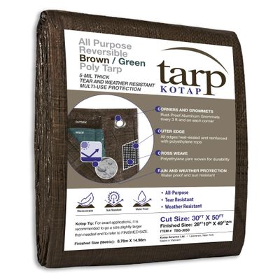 Kotap 30 x 50 Ft. All-Purpose Multi-Use Protection/Coverage 5-mil Poly Tarp, Reversible, Waterproof, Brown/Green, (TBG-3050)