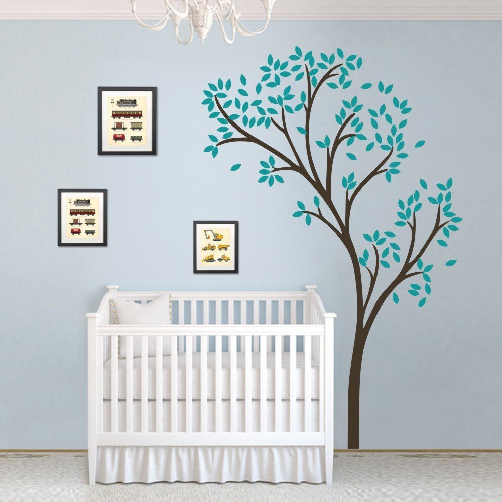 Plants Wall Decoration For Baby Nursery Spring Tree Vinyl Wall Art Without The Picture Frames B(Large,Trunk-Dark Brown;Leaves-Teal)