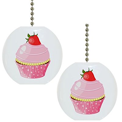 Set of 2 Cupcake with Strawberry Solid Ceramic Fan Pulls