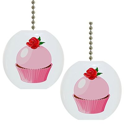 Set of 2 Cupcake with Rose Solid Ceramic Fan Pulls