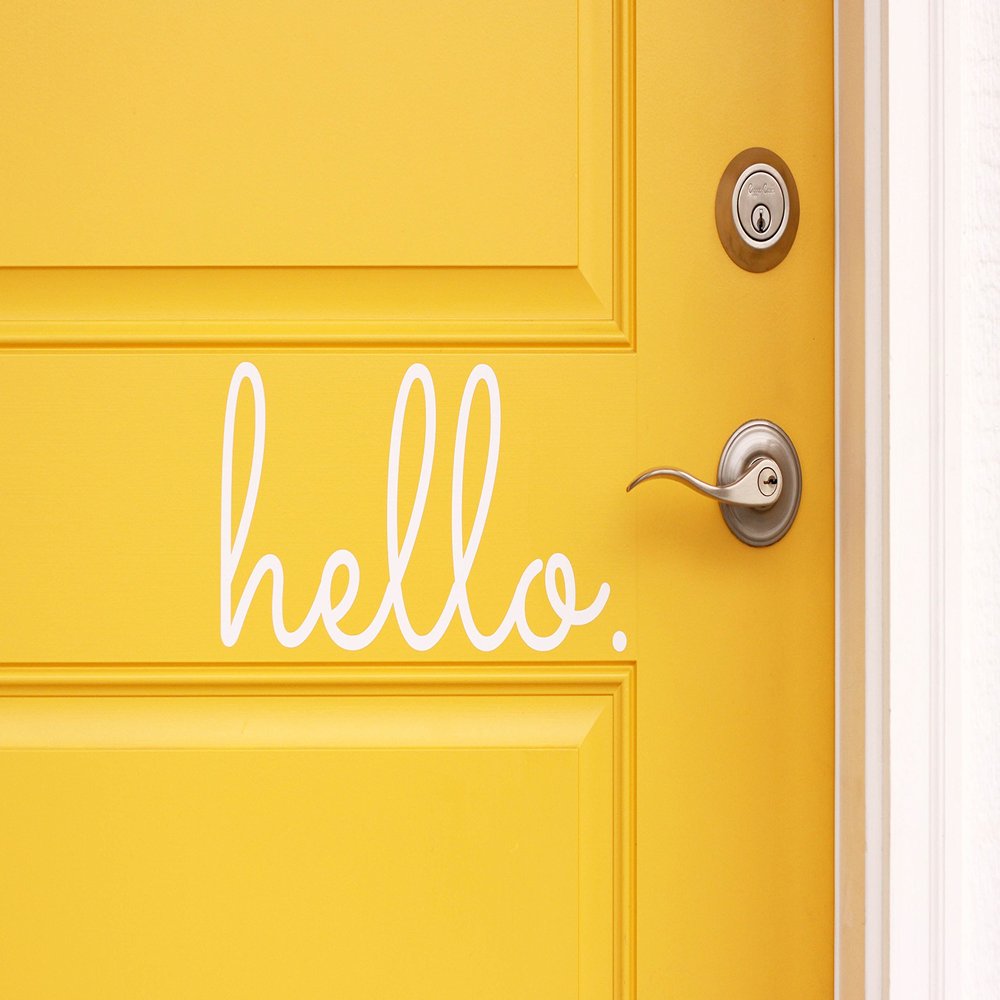 Hello in Cursive Indoor/Outdoor Lettering Wall Art Decor Sticker Vinyl for Door 5" X 11" (White, Matte)