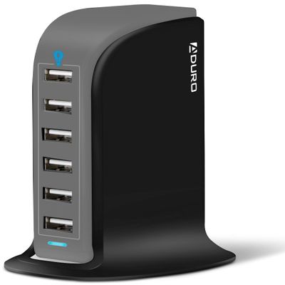 Aduro 40W 6-Port USB Desktop Charging Station Hub Wall Charger for iPhone iPad Tablets Smartphones with Smart Flow (Black/Grey)
