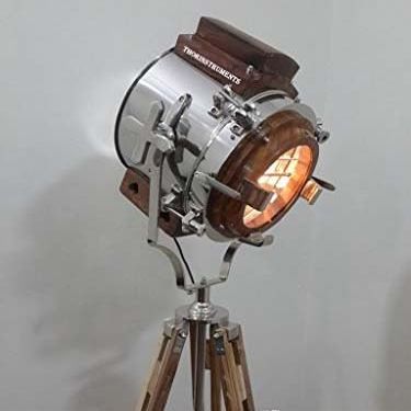 THOR INSTRUMENTS Vintage Retro Focus Chrome & Wood Searchlight Lamps Spotlights Wood Tripod Lobby Light Decor Rustic Vintage Home Decor Gifts